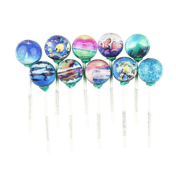 Sparko Sweets 10 Piece Aquatic Lollipops Rainforest of the Ocean Designs in Space Foil Gift Pack Supports Coral Reef Organization