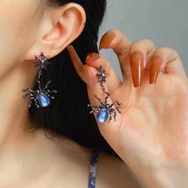 Inilbran Punk Moonstone Spider Dangle Earrings Vintage Spider Web Stud Earrings Black Spider Drop Earrings Gothic Moonstone Animal Spider Earrings Jewelry for Women and Girls
