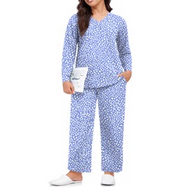 Anydeer Women Pajama Sets Long Sleeve Loungewear Fall 2 Piece Sleepwear Top Pjs Pants With Pockets, XL, Long Spotted Blue