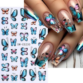 Butterfly Nail Art Stickers 3D Self-Adhesive Nails Sticker Gold Butterflies Nail Decals Holographic Spring Decal Decoration for Women Blue Butterfly Manicure Stickers DIY Nail Art Sticker Supplies