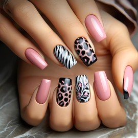 Leopard Press on Nails Medium Square Fake Nails with Designs Zebra Stripes Stick on Nail Pink Acrylic False Nail Glossy Artificial Nail Full Cover Glue on Nails for Women