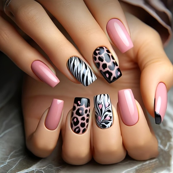 Leopard Press on Nails Medium Square Fake Nails with Designs