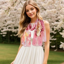 E-Clover Chiffon Scarf for Women Lightweight Floral Print Scarfs Sheer Neck Head Scarves Shawl for Women Pink