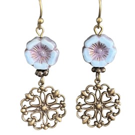 Etched Bronze and Blue Czech Flower Bead Earrings Flowers Bloom. Jewelry Earrings for Women #3298FE3375