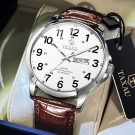 Taxau Waterproof Watches Men's Gentleman Men's Watch Business Leisure Men's Watches Luxury Watch Arabic Numerals Men's Watch with Date and Day Display Watches for Men, Brown leather strap, white