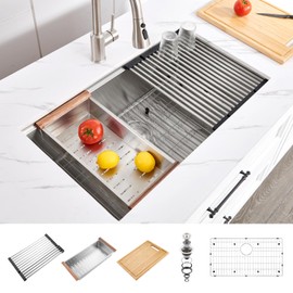 33x19 Undermount Kitchen Sink Workstation, WATERLACE 33 Inch Undermount Kitchen Sink Single Bowl, 16 Gauge 304 Stainless Steel Handmade Modern Kitchen Sink for RV, Prep Kitchen, Bar Sink