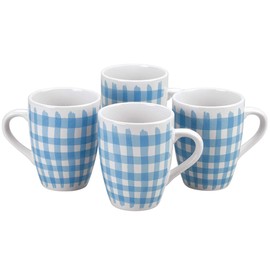 Blue Shirt Mugs by William Roberts - Set of 4. Classic Blue Gingham Check Design. Handpainted Look in Pale Blue on White. Durable Stoneware. Dishwasher and Microwave Safe