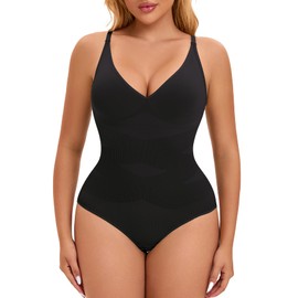 Miguofan Low Back Shapewear Bodysuit for Women Tummy Control, Deep V Seamless Sculpting Snatched Waist Body Suit Body Shaper (Black,Medium)