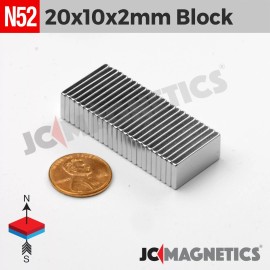 Neodymium 20mm x 10mm x 2mm N52 Thin Strong Rare Earth Neodymium Magnet Block 20x10x2mm - 10 pcs