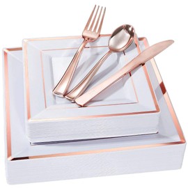 WDF 125pcs Rose Gold Plates with Disposable Silverware - Plastic Plates Dinnerware Include 25Dinner Plates,25 Salad Plates,25 Forks,25 Knives,25 Spoons for Wedding, Party