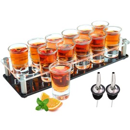 INFTYLE Acrylic Shot Glass Tray Holder with 12 Shot Glasses 1oz Thick Base Bar Shot Glasses Organizer Wine Glass Cup Serving Tray Display Easy Assembly Clear Shot Glass Rack for Party Weddings Gifts