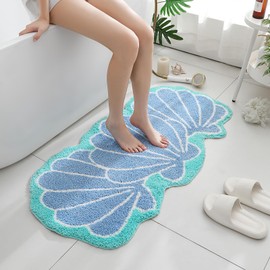Seashells Bathroom Rug, Bathroom Runner, Blue Bath Rugs, Ocean Decor Shell Bath Mat Gifts, Cute Seashell Shaped Rugs for Sea Room Decor, Machine Washable & Non-Slip Mat, 45x23 Inch