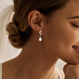 Tituthia Pearl Drop Earrings for Women Trendy, 14k Gold Pearl Earring Dainty Wedding Gold Dangle Earrings for Women Hypoallergenic Bridesmaid Bridal Prom Jewelry