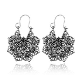 MALOYANVE Bohemian Indian Gypsy Earrings for Women Vintage Ethnic Antique Silver Gold Coin Chandelier Earrings Beaded Bali Jhumka Jhumki Lotus Mexico Tassel Earring Traditional Ear Studs (Silver Mandala)