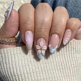 Almond French Tip Press on Nails Medium Length Fake Nails Cute False Nails with Designs 3D Flower Stick on Nails Almond Shape Acrylic Nails Floral Glue on Nails for Women Girls 24Pcs
