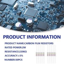 Innfeeltech 50 Pcs 2W 5% Tolerance 220K Ohm Carbon Film Resistor Resistance for DIY Project and Experiments