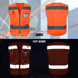TCCFCCT Reflective Vest 9 Pockets High Visibility Safety Vest for Men Women, Hi Vis Work Vest with Reflective Strips, Meets ANSI/ISEA Standards, (CA-Orange Large)