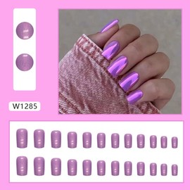 Purple Press on Nails Medium Square Fake Nails Chrome False Nails Bright Aurora Glue on Nails Glossy Acrylic Nails Shiny Artificial Nails Solid Color Stick on Nails for Women Manicure 24Pcs
