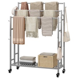 SORCEDAS Towel Rack 3 Tier Free Standing Metal Towel Stand with Storage Shelf and wheel for Extra Large Towel Blanket Drying (Grey)