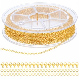 YBEATY 33ft Gold Plated Chain Stainless Steel Cable Findings DIY Jewelry Pendant Making Supplies Non Tarnish Roll with Lobster Clasps Jump Rings for Necklace Bracelet Craft