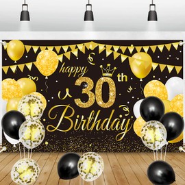 30th Birthday Party Decoration Banner Background, GRESATEK Black Gold Birthday Decoration Happy Birthday Banner Party Decorations for Women Men 30th Birthday