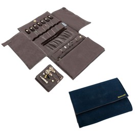 Becko US Jewelry Organizer Roll Travel Jewel Bag case for Multiple Necklaces, Rings, Bracelets, Supple Leather & Suede, Large Capacity Without Crease, Lightweight, Portable & Practical (Dark Blue)