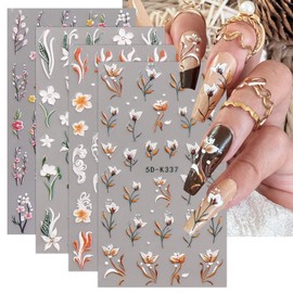 JMEOWIO 3D Embossed Flower Nail Art Stickers Decals Self-Adhesive 5D Spring Summer Floral Nail Supplies Nail Art Design Decoration Accessories 4 Sheets