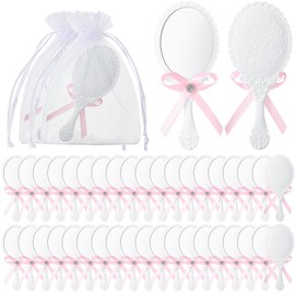 Beeveer 36 Sets Vintage Handheld Mirror Gift Bulk Plastic Retro Handle Mirror with Embossed Flower Hand Mirrors Decorated with Ribbon Rhinestone White Organza Gift Bags for Girls Party Wedding Favors