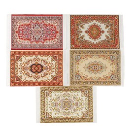 NWFashion 5 Pieces 1:12 Miniature Carpet Floral Print Vintage Woven Dollhouse Floor Mini Turkish Carpet Decoration Accessories (White&Red)