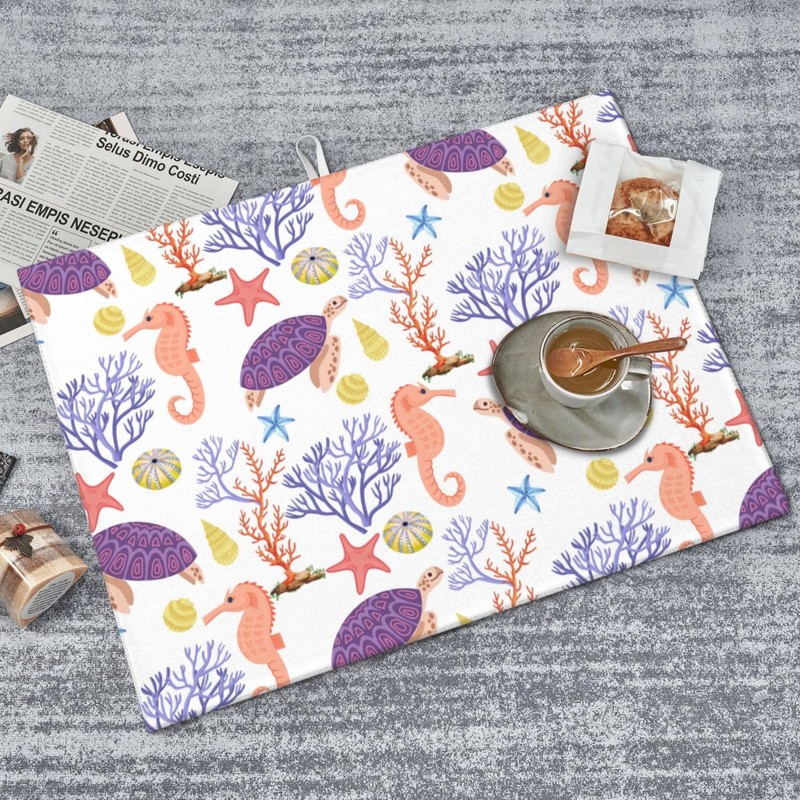 Purple Beach Sea Turtle Dish Drying Mat 18x24 For Kitchen