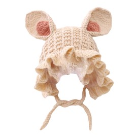 TOVINANNA Warm Rabbit Ear Knitted Hat for Babies Adjustable Winter Cap Ear Protection Cute Ruffle Design Suitable for Infants 6 Months to 3 Years Beige