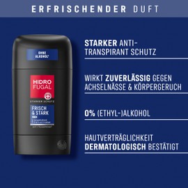 Hidrofugal MEN FRISCH & STARK Stick, starker Antitranspirant Schutz mit erfrischendem Duft, schnell trocknender Deo Stick für Männer ohne Ethylalkohol (50 ml)