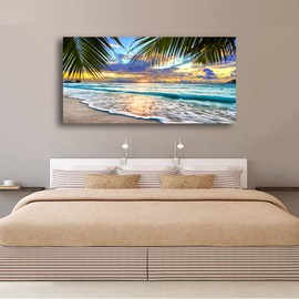 Beach Canvas Wall Art Seascape Theme Pictures Home Decor Blue Ocean White Wave Palm Tree Prints Paintings for Living Room Bathroom Bedroom Kitchen Office Decoration Natural Scenery Artwork 20x40inches