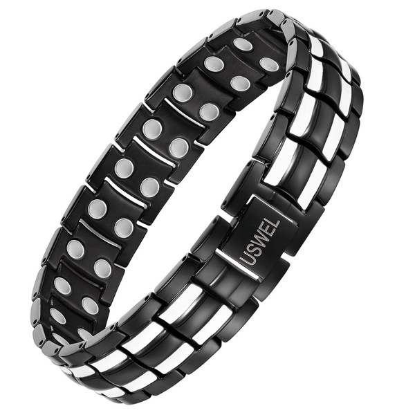 USWEL Magnetic Therapy Bracelets for Men, Double Row Ultra Strength Titanium Magnetic Bracelet, Pain Relief for Arthritis & Carpal Tunnel, Jewelry Gift with Adjustment Tool & Unique Line (Black 2)