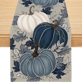 Fall Table Runner, Blue Vintage Pumpkin Maple Leaf Runner Seasonal Autumn Thanksgiving Home Party Decor Dining Table Decorations 13x48 Inch