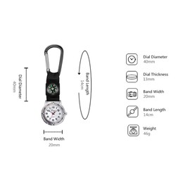 NICERIO Carabiner Clip Watch - Aluminum Backpacker Clip Watch with Compass with D-Ring Lock - Black