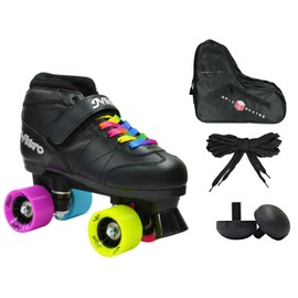 New! Epic Super Nitro Rainbow Indoor / Outdoor Quad Roller Speed Skate 4 Pc. Bundle w/ Bag & Jam Plugs (Mens 9)