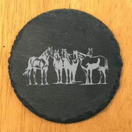 Laser Etched Slate Coasters: Four Horses - A Gift for Horse Lovers - Round Slate - set of 5