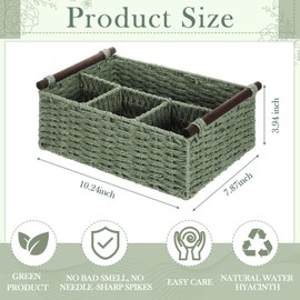Remerry Sage Green Bathroom Countertop Organizer Caddy, Wicker-Like Divided Basket with Handle and Metal Frame, 4 Compartment, Paper Rope Storage Organizer for Vanity Kitchen (10.24 x 7.87 x 3.94 in)