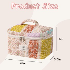 RSRSLEII Large Quilted Makeup Bag for Women and Girls, Cute Coquette Floral Cotton Cosmetic Bag, Aesthetic Travel Organized Toiletry Bags (04Brwon Flower)