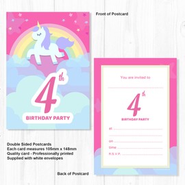 Olivia Samuel 20 x 4th Birthday Party Invitations from Unicorn & Rainbow Pink Invites - Ready to Write with Envelopes