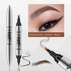Eyebrow Pencil And Eyeliner Pencil, Magic Microblading Eyebrow Pen With Black Liquid Eyeliner Pen, Waterproof Smudgeproof 24h Long Lasting Brow Pen For Natural Look Eye Brow Eye Makup (Dark Brown)