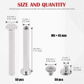 Hilitchi M5 Chicago Screws Kit Binding Screws Bolts Posts Nail Rivets Chicago Button for Scrapbook Photo Albums Binding and Leather Saddles Wallet Belt M5 x 45 mm - 50 Set