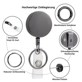 Dafiq Metal Key Chain Extendable - Carabiner & Lanyard for ID Badge Holder & Keys | Zinc Alloy 70 cm Steel Cable, 30 mm Round | Colours: Silver & Silver-Grey, silver-grey