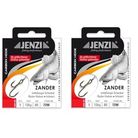 Set of 2 packs of Jenzi tied zander hooks Ryder hooks (10 pieces) on braided cord, 80 cm zander leader mounted hook size, 2, 4, 6, 8 + free Petri Heill! sticker (hook size 4)