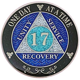 (Years 1-50) 17 Year AA Recovery Silver Color Plated Glitter Medallion, Black Rainbow, Blue, Silver Glitter Coin, Epoxy Covered (AA 17 Year Glitter Medallion)