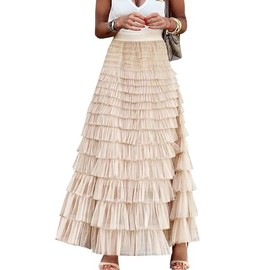 Flygo Women's Long Maxi Tulle Skirts A Line Ruffle High Waisted Tiered Layered Mesh Tutu Skirt Petticoat(Apricot-S)