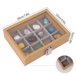 Dmnnlp 12 Grids Rock Display Case, Wooden Rock Collection Box with Clear Lid, Display Box for Collectables,Storage Cases for Small Rocks Gemstone Fossil Crystal Stone Jewellery (Light Brown)