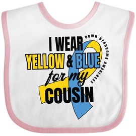 inktastic I Wear Yellow and Blue for My Cousin Down Syndrome Awareness Baby Bib White and Pink 34956