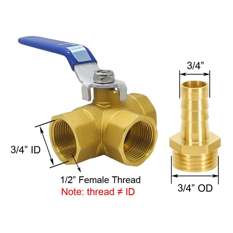 BesNPT 3 Way (L-Port) Brass 3/4" Hose Barb Forged Ball